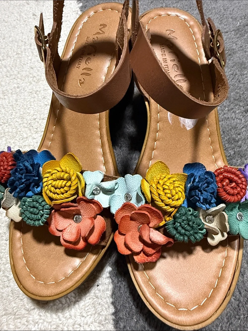 Tan Leather Sandals with Multicolor Floral Appliqués